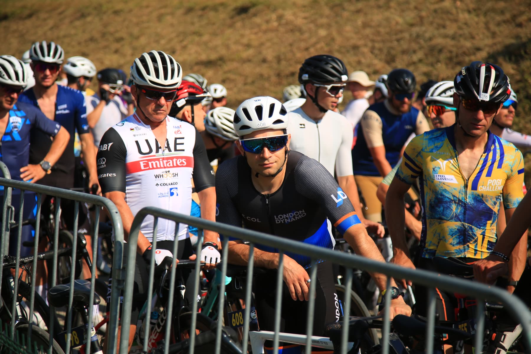 Rodrigo on a packed gran fondo start line, waiting for the gun